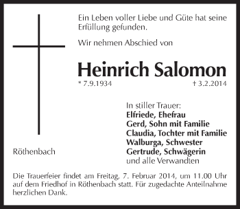 Traueranzeige von Heinrich Salomon von Pegnitz-Zeitung